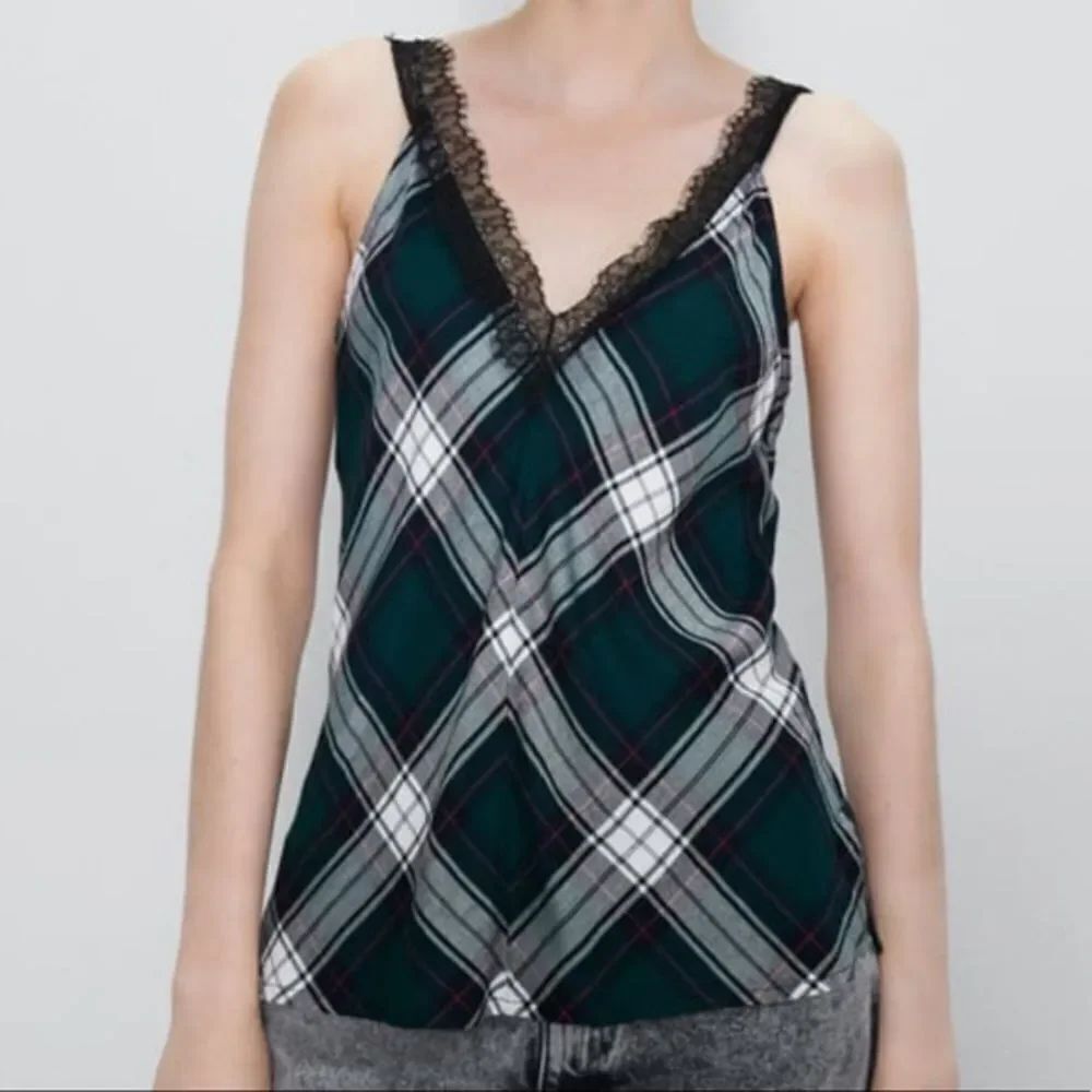 ✨ ZARA plaid lace cami tank top green✨